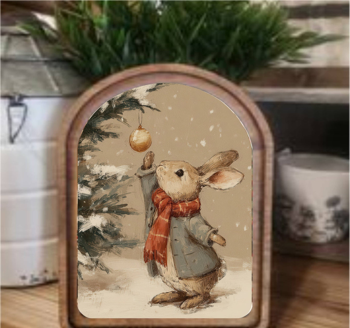 Christmas Bunny Framed Art - Arch Top