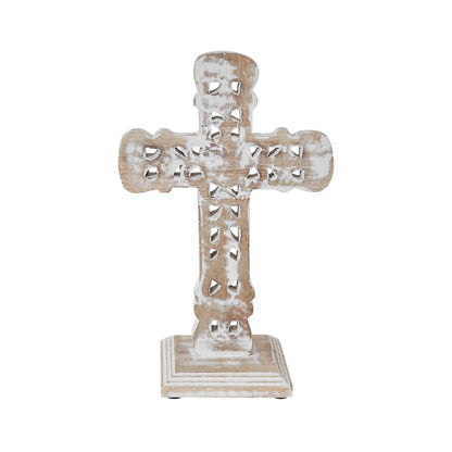 Natural Distressed White Wooden Cross w/ Rosette