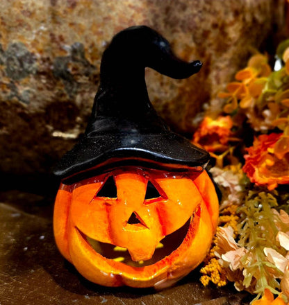 Lighted Black Hat Boo Jack o Lantern with LED 3 x 3 x 5in