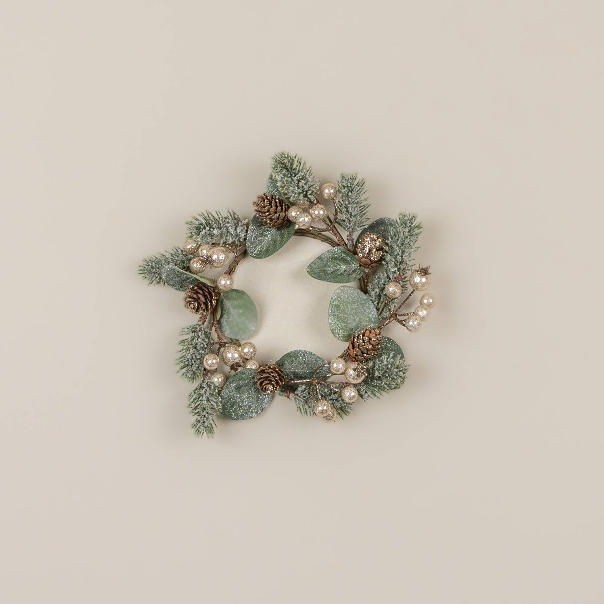 Glittered Gold Berry and Pine Candle Ring