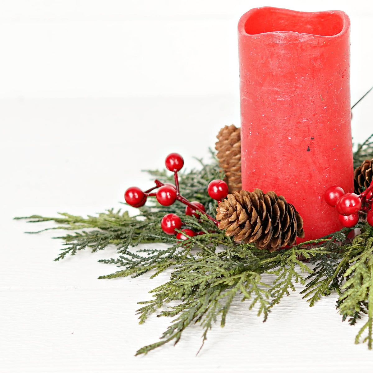 Superior Real Touch Mixed Cedar and Pinecones with Red Berries Mini Wreath Candle Ring