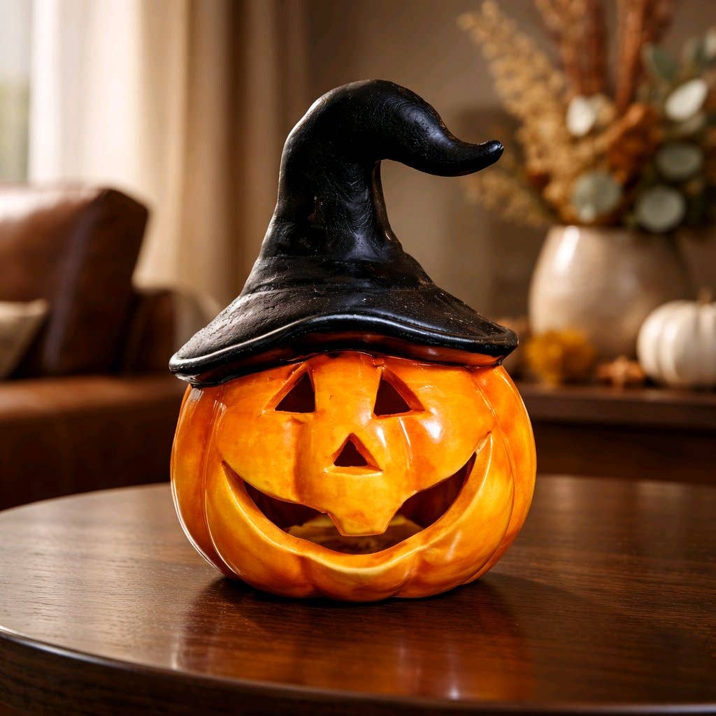 Lighted Black Hat Boo Jack o Lantern with LED 3 x 3 x 5in
