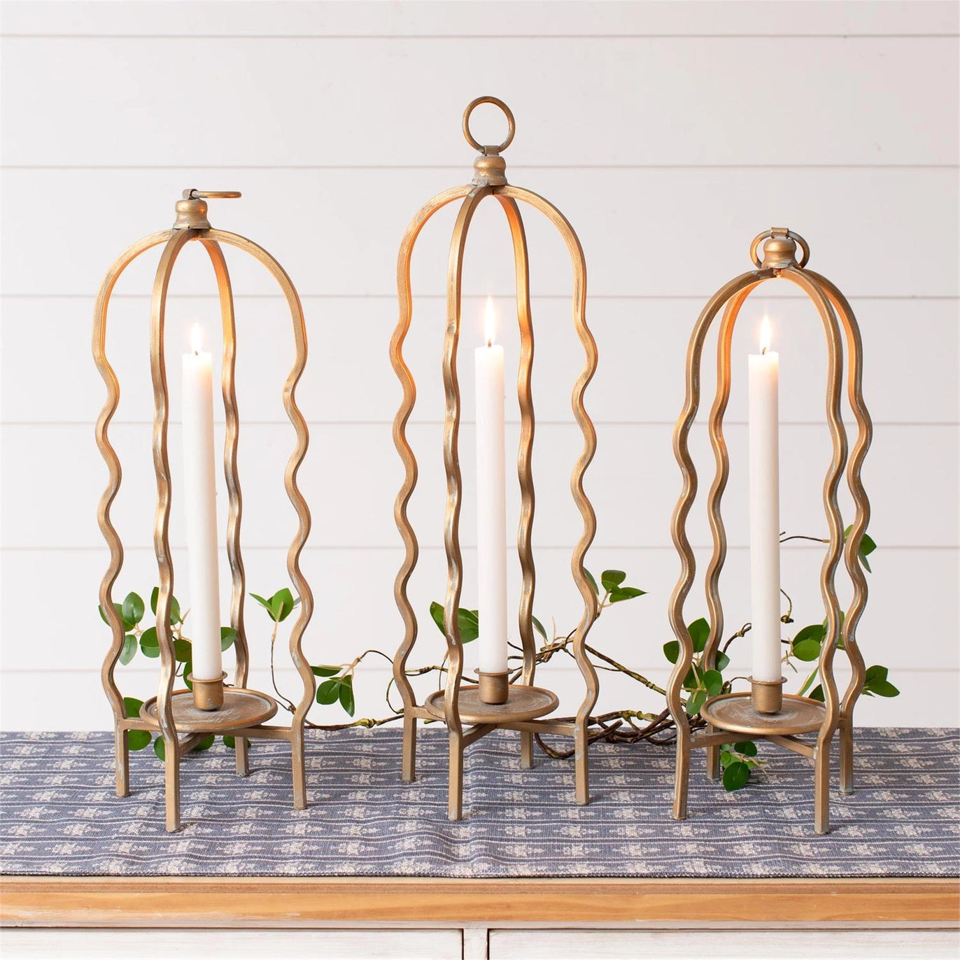 Wavy Gold Taper or Pillar Candle Holder Lantern - 3 sizes