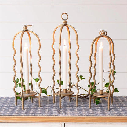 Wavy Gold Taper or Pillar Candle Holder Lantern - 3 sizes