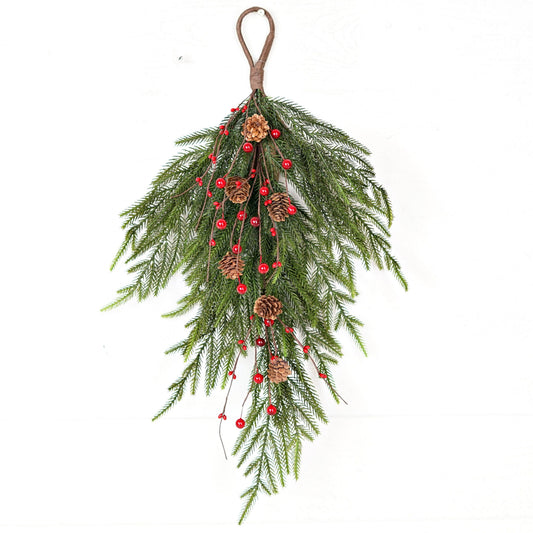 Soft Touch Norfolk Pine with Mixed Red Berries and Pips Teardrop Hanging Spray 25"