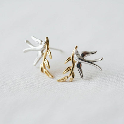 Charming Swallow and Leaf Earrings with Dual Tone Design - Bird Theme