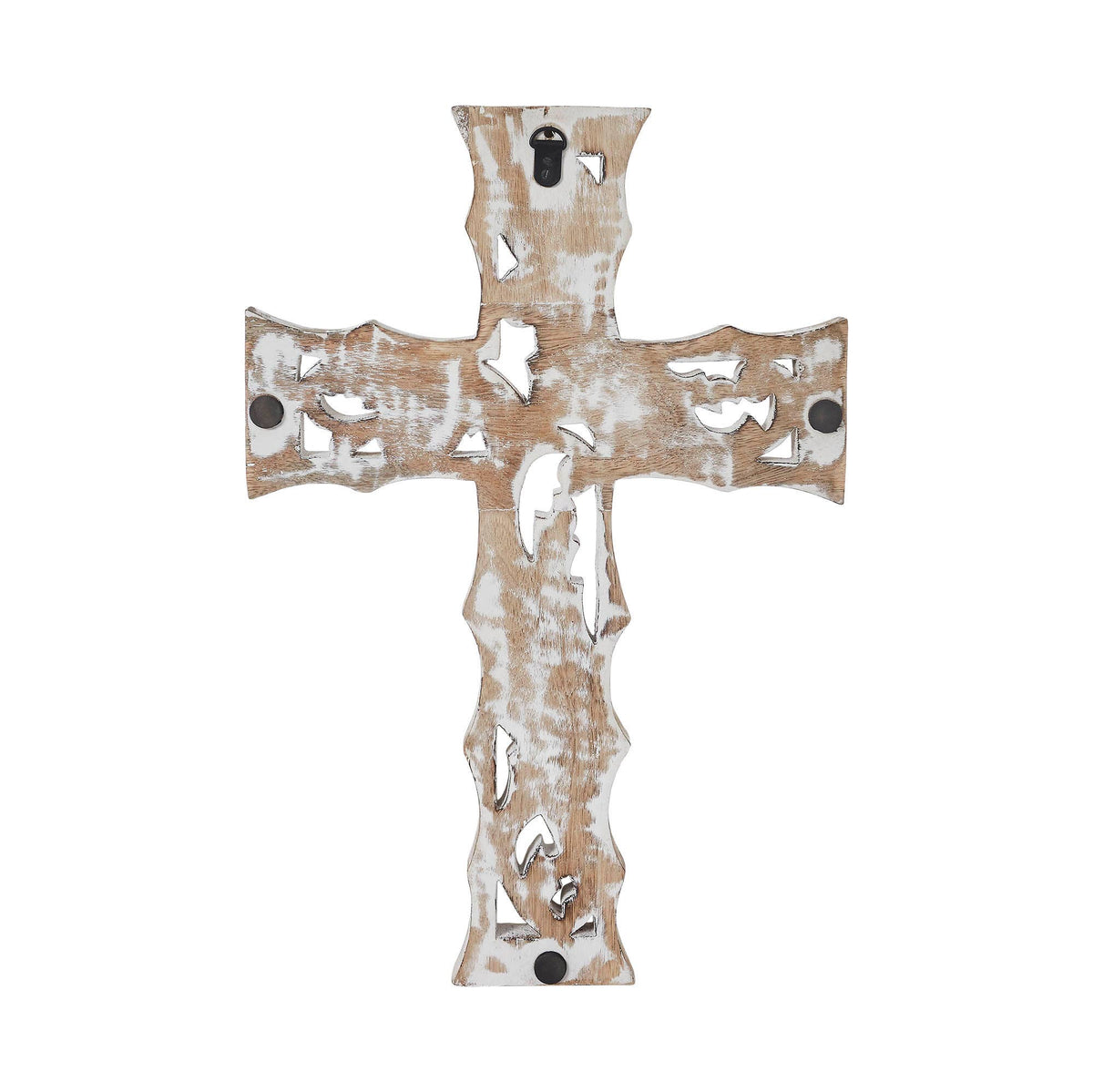 Distressed White Carved Wooden Cross Wall Decor 18" X 12"