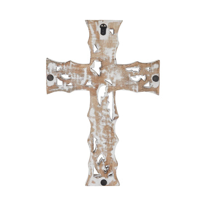 Distressed White Carved Wooden Cross Wall Decor 18" X 12"