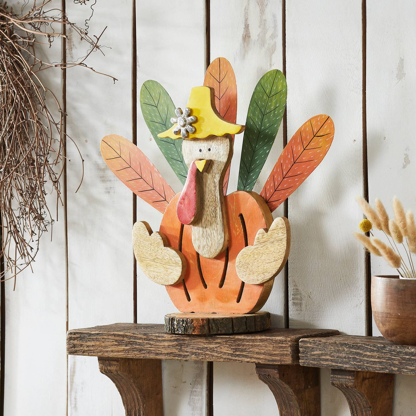 Wood Turkey Figurine 15.75" Rustic Thanksgiving Decor