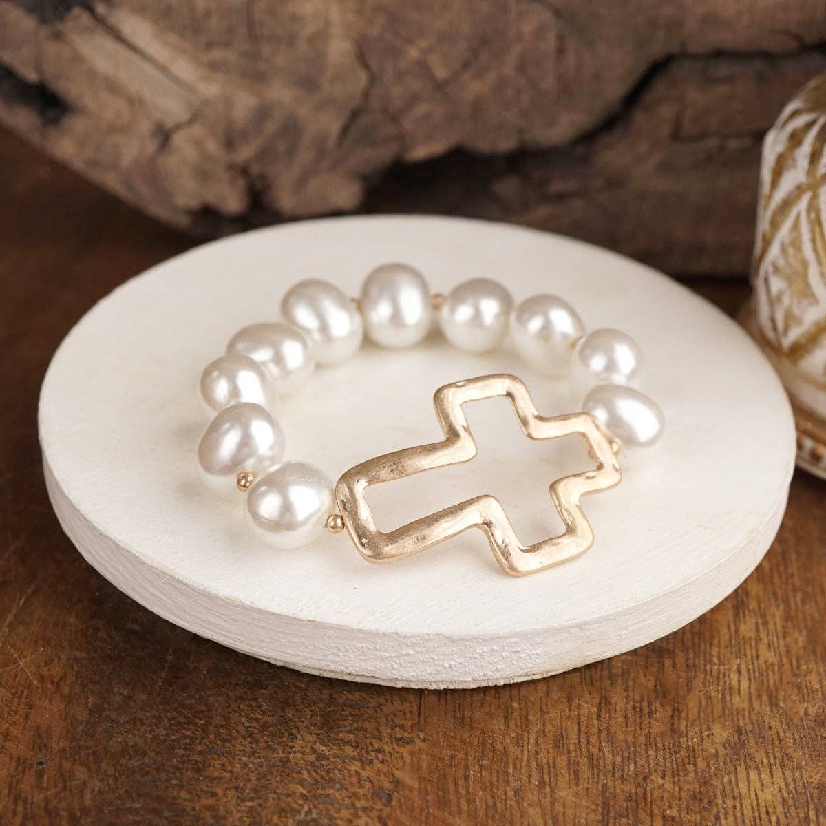 Chunky Pearl Cross Bracelet - Gold or Silver Tone