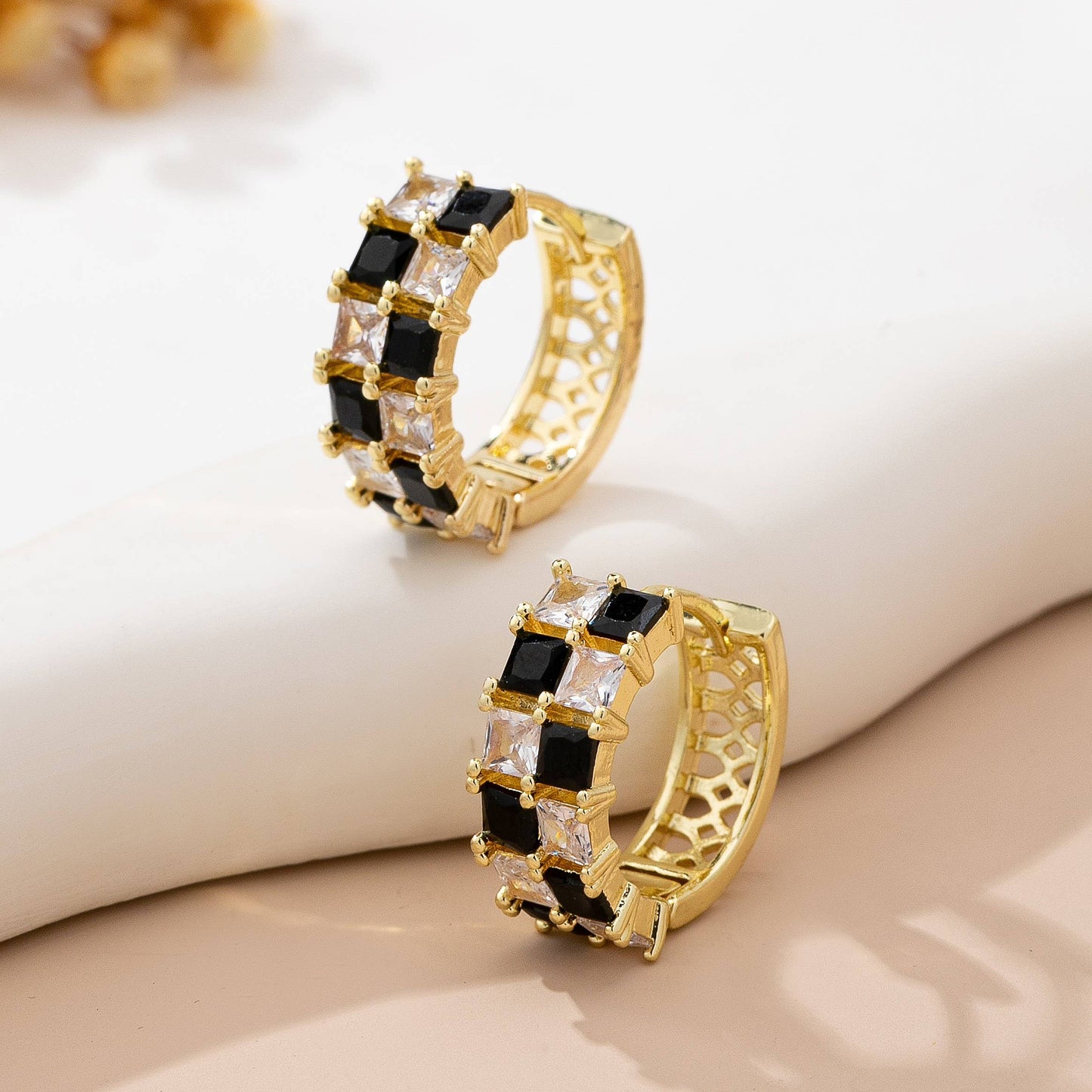 Checker Black & Crystal Hoop Earrings