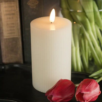 Cream Grooved 3D Flame LED Candle - 3 Sizes