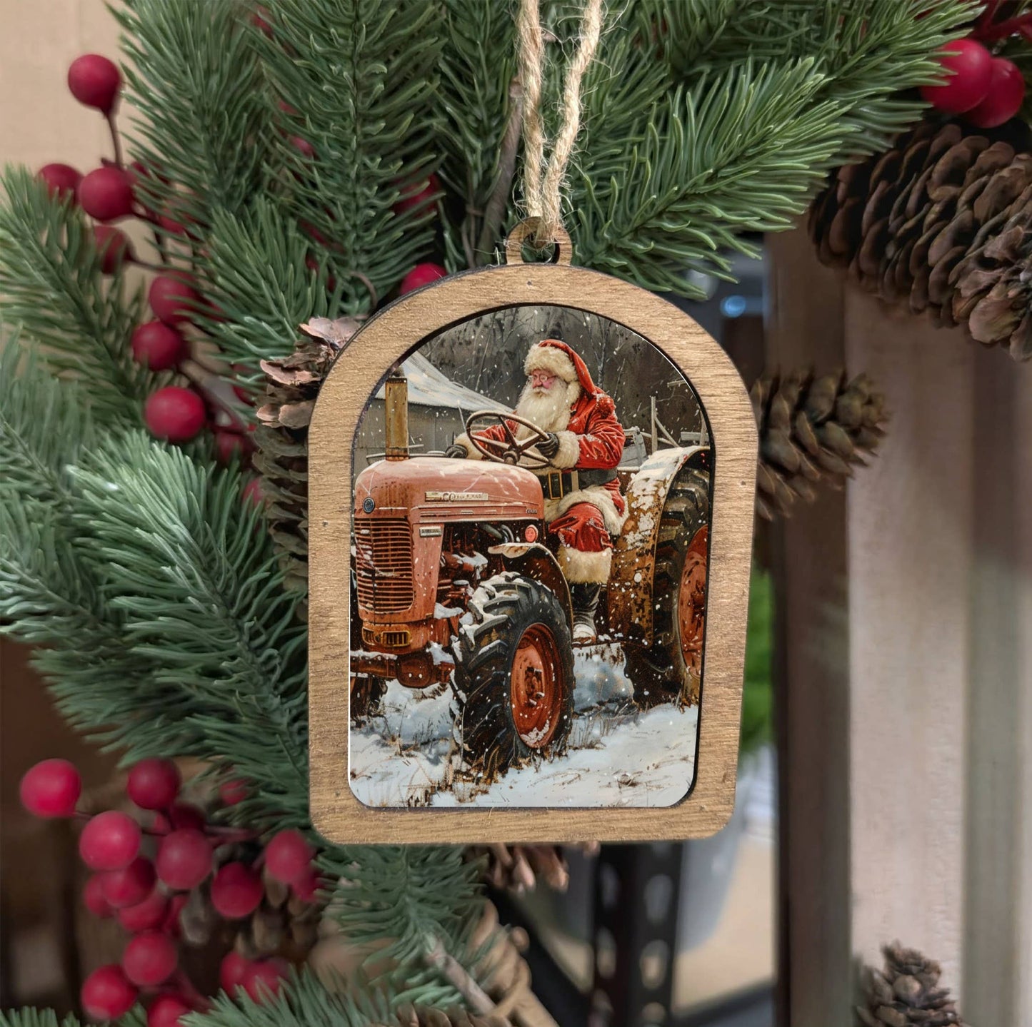 Framed Arch Ornament Santa's Tractor
