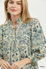 Floral Print Lace Trim Button Front Blouse - Umgee