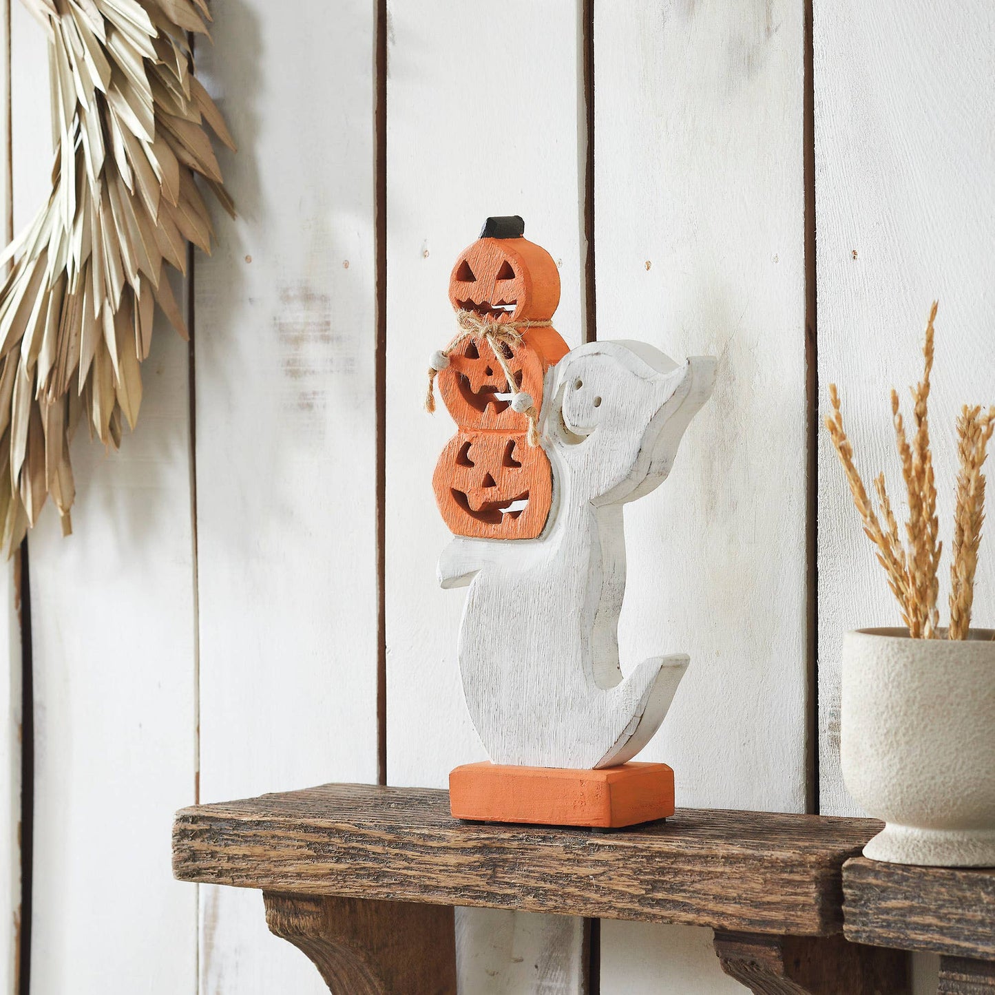 Stacked Jack-O-Lantern and Wooden Ghost