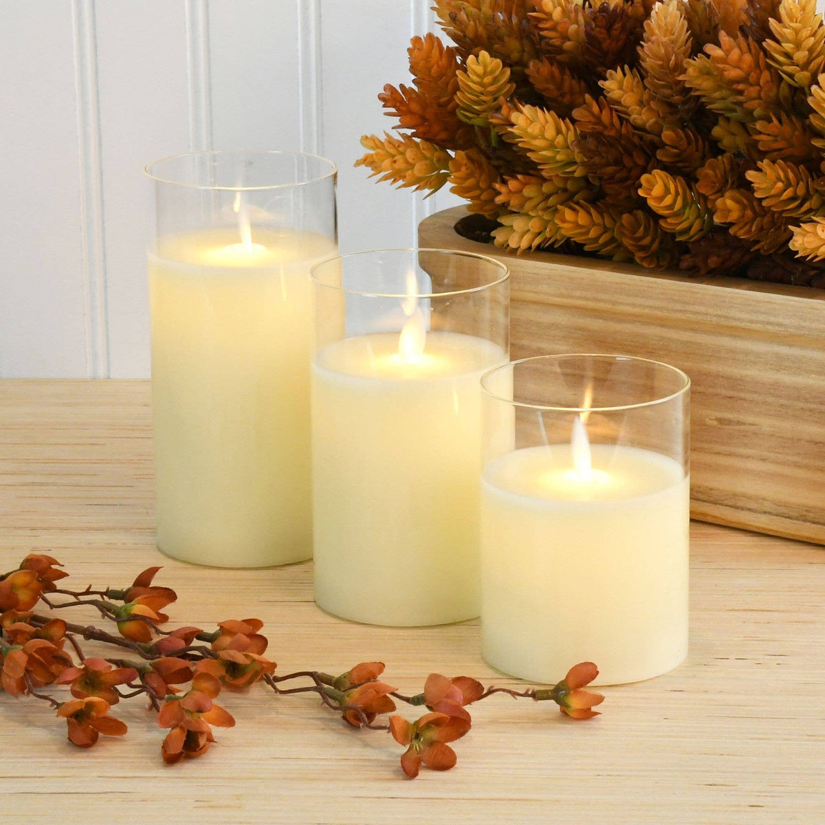 Glass LED Pillar Candles with Timer - Battery Operated 3 Sizes