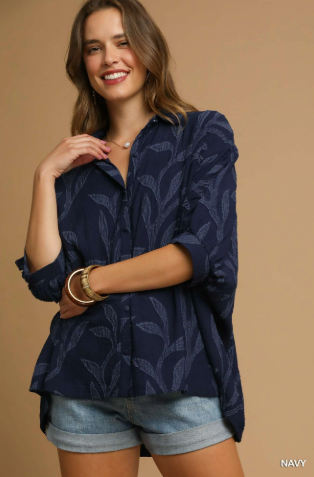 The Willow Textured Leaf Button-Down Blouse - Umgee