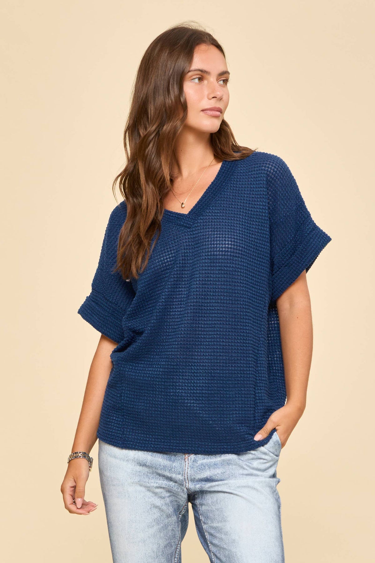 V-Neck Lightweight Sweater Crochet Knit Top - Standard and Plus