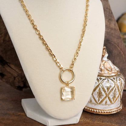 Clear Crystal Chain Necklace - Gold Tone