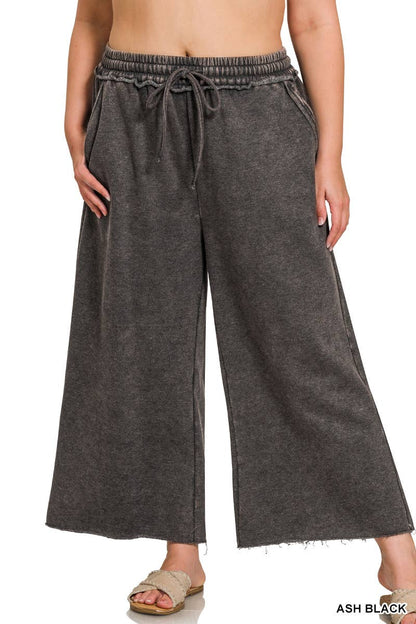 Acid Washed Fleece Lined Palazzo Cropped Sweatpants With Pockets