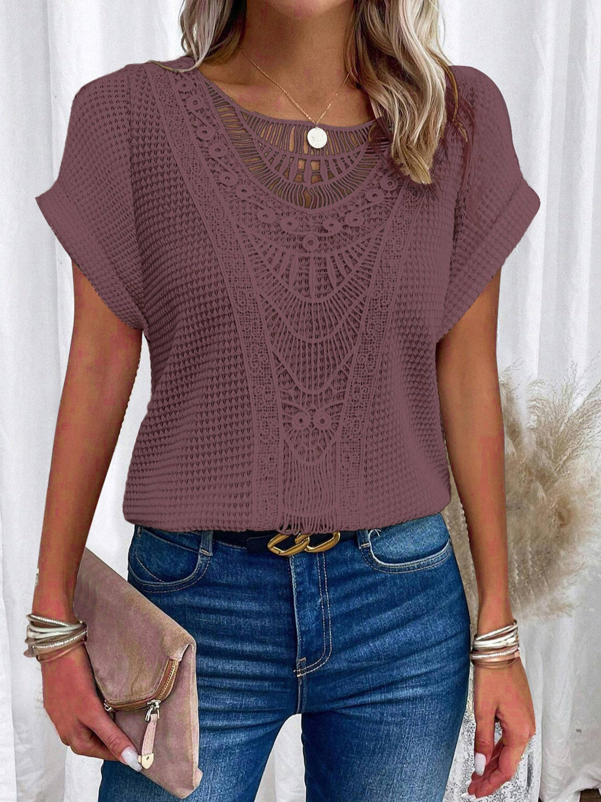 Lace Patchwork Short Sleeved Top