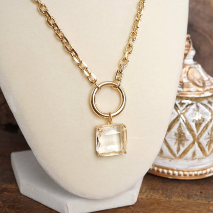 Clear Crystal Chain Necklace - Gold Tone